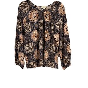 Loft Outlet Women’s Blouse Peasant Boho Keyhole Blouse Blue Cream Size Large